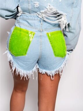Light Wash Denim Cutoff Shorts with Neon Green Patent Back Pockets